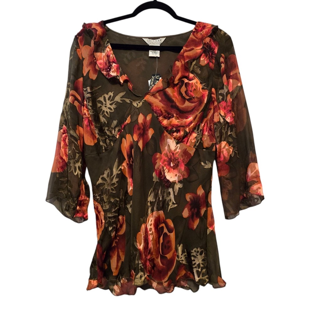 Vtg NWT Uniform Silk Babydoll Top LG Dark Floral Whimsigoth 90s Y2K Fairy Sheer